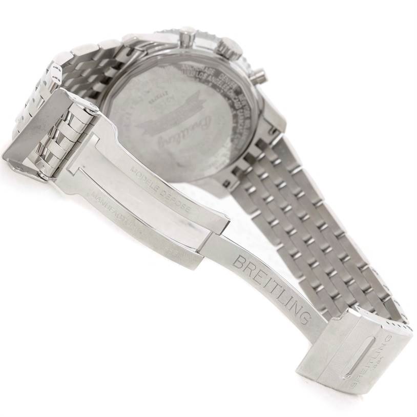 The image shows the back case and clasp of a Breitling Navitimer A21330 Men's Stainless Steel Brown Dial A21330 Men's Stainless Steel Brown Dial watch, highlighting its stainless steel bracelet and engraved branding.