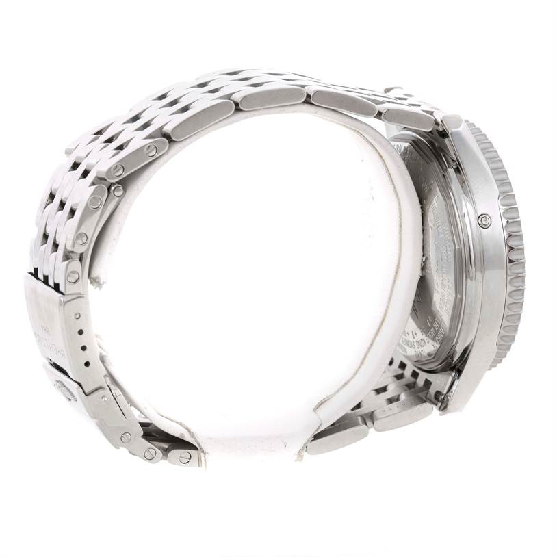 The image shows a side view of a Breitling Navitimer A21330 Men's Stainless Steel Brown Dial A21330 Men's Stainless Steel Brown Dial watch, highlighting its metal bracelet and the side of the watch case.