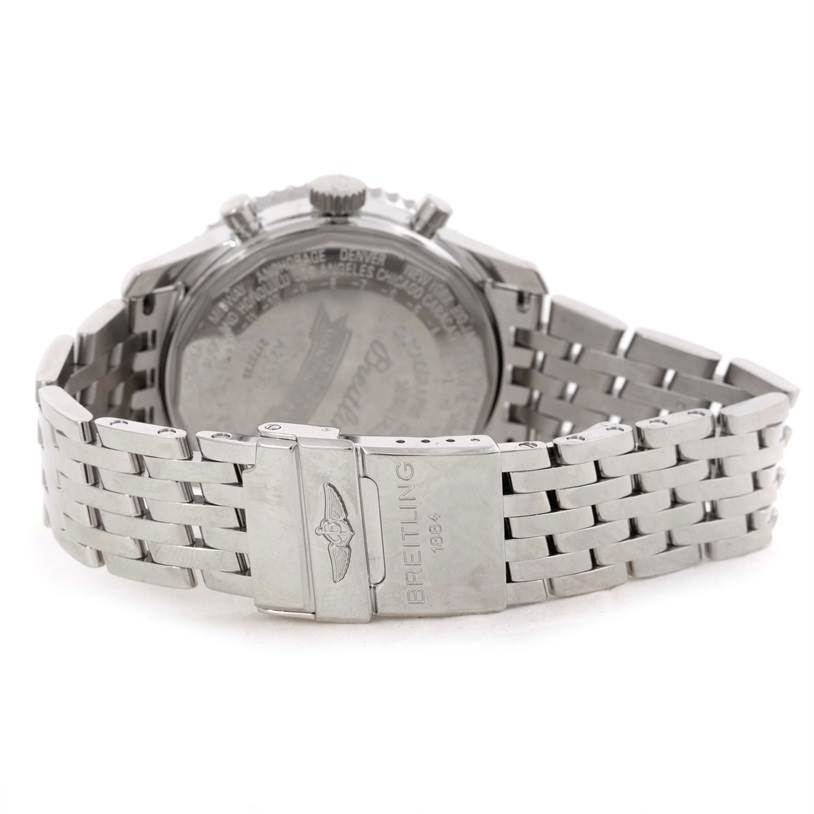 The image shows the back angle of a Breitling Navitimer A21330 Men's Stainless Steel Brown Dial A21330 Men's Stainless Steel Brown Dial watch, focusing on the stainless steel bracelet and clasp.