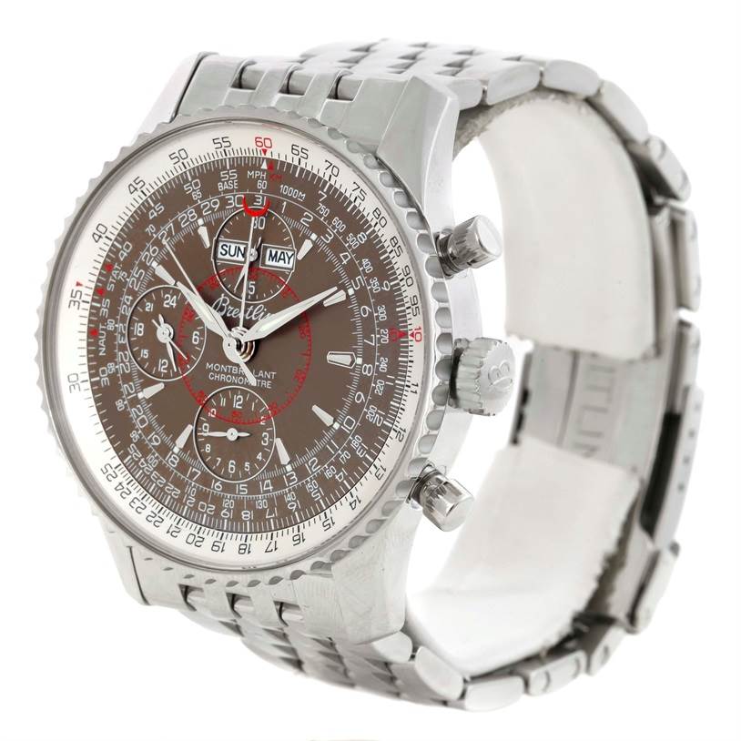 The Breitling Navitimer A21330 Men's Stainless Steel Brown Dial A21330 Men's Stainless Steel Brown Dial watch is shown at a slight angle, highlighting the face, bezel, crown, pushers, and metal bracelet.