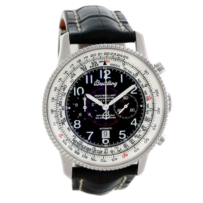 The image shows a frontal view of a Breitling Navitimer A35330 Men's Stainless Steel Black Dial A35330 Men's Stainless Steel Black Dial watch, displaying its dial, bezel, and leather strap.