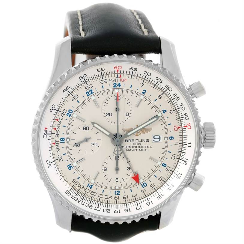 The image shows a front view of a Breitling Navitimer A24322 Men
s Stainless Steel Silver Dial A24322 Men
s Stainless Steel Silver Dial watch, highlighting its dial, bezel, and black leather strap.