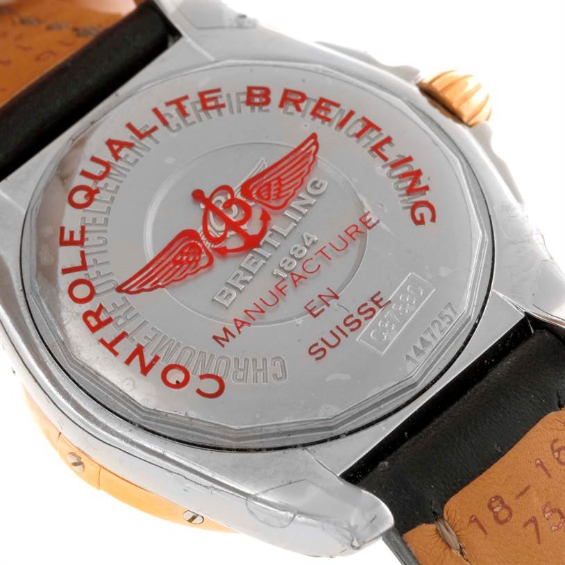 The image shows the back case of the Breitling Galactic C37330 Men's Steel and Gold (two tone) Black Dial C37330 Men's Steel and Gold (two tone) Black Dial model watch, highlighting the brand, logo, and quality control inscriptions.