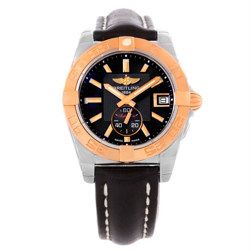 The image shows a front view of a Breitling Galactic C37330 Men's Steel and Gold (two tone) Black Dial C37330 Men's Steel and Gold (two tone) Black Dial watch, featuring its bezel, dial, and leather strap.