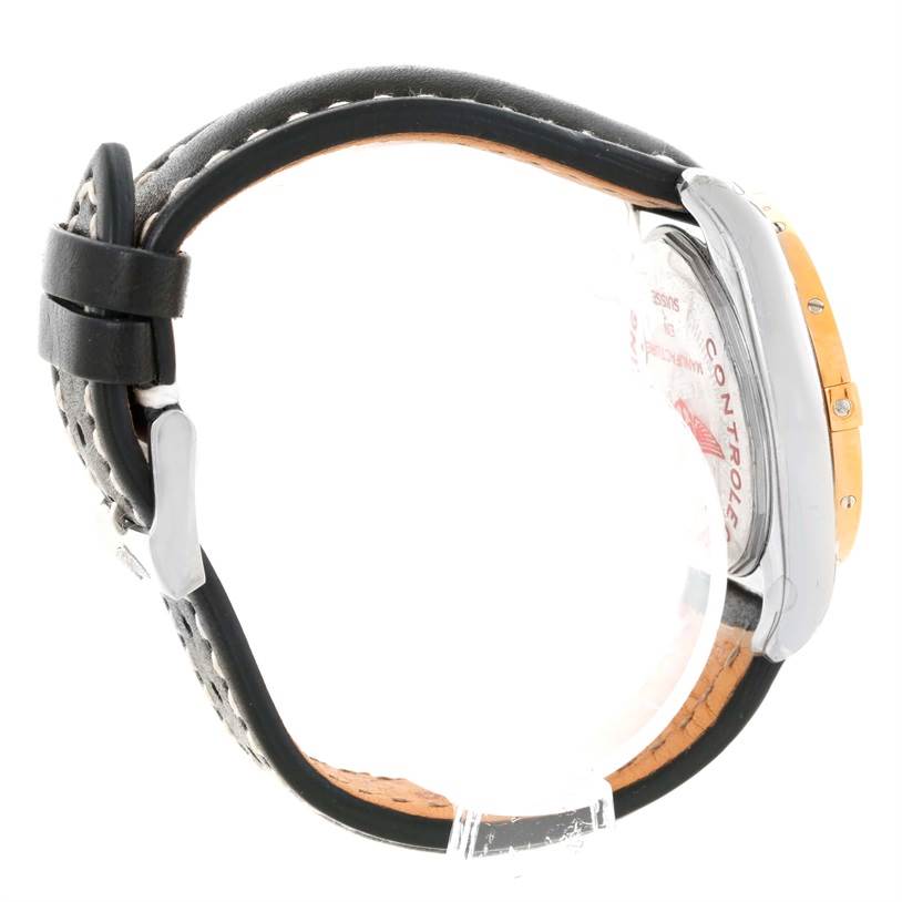 The image shows the side view of a Breitling Galactic C37330 Men's Steel and Gold (two tone) Black Dial C37330 Men's Steel and Gold (two tone) Black Dial watch, displaying its strap, buckle, and part of the watch casing.