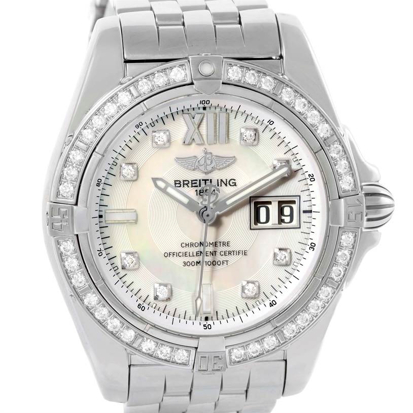 This image shows a front view of a Breitling Windrider A49350 Men's Stainless Steel Mother of Pearl Dial A49350 Men's Stainless Steel Mother of Pearl Dial watch, displaying the dial, bezel, and part of the bracelet.