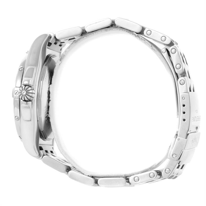 The Breitling Windrider A49350 Men's Stainless Steel Mother of Pearl Dial A49350 Men's Stainless Steel Mother of Pearl Dial watch is shown from the side, highlighting the crown, case, and bracelet.