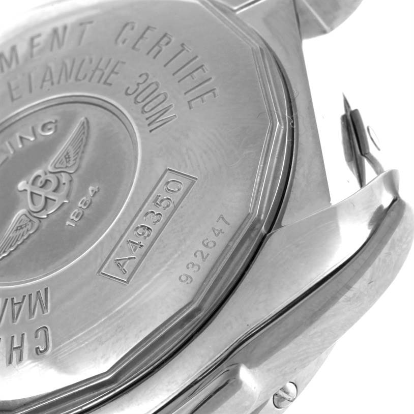 The image shows the back case of a Breitling Windrider A49350 Men's Stainless Steel Mother of Pearl Dial A49350 Men's Stainless Steel Mother of Pearl Dial model watch from an angled, close-up view.