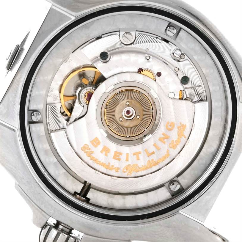 The image shows the back of the Breitling Windrider A49350 Men's Stainless Steel Mother of Pearl Dial A49350 Men's Stainless Steel Mother of Pearl Dial watch, revealing its intricate automatic movement.