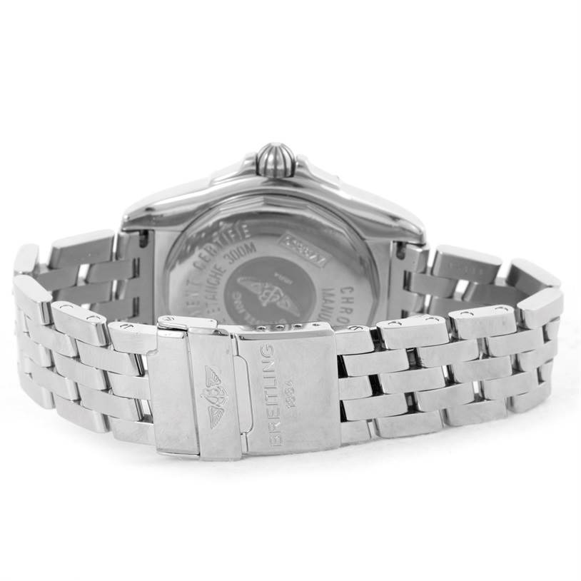 The image shows the Breitling Windrider A49350 Men's Stainless Steel Mother of Pearl Dial A49350 Men's Stainless Steel Mother of Pearl Dial watch from the back, highlighting the clasp and bracelet.