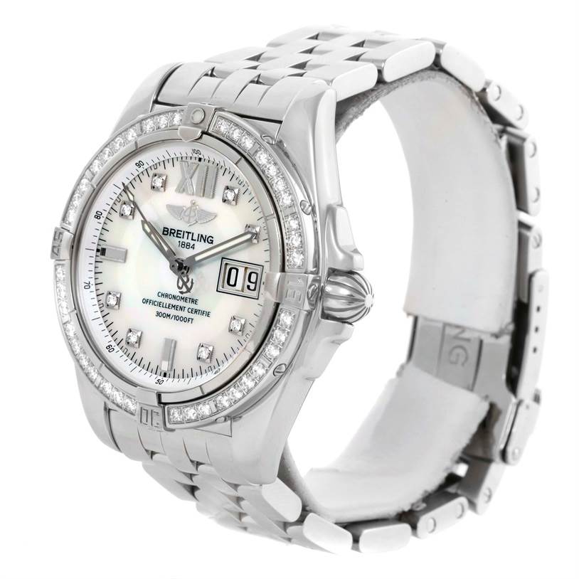 The Breitling Windrider A49350 Men's Stainless Steel Mother of Pearl Dial A49350 Men's Stainless Steel Mother of Pearl Dial watch is shown from an angled view highlighting the face, bezel, and bracelet links.