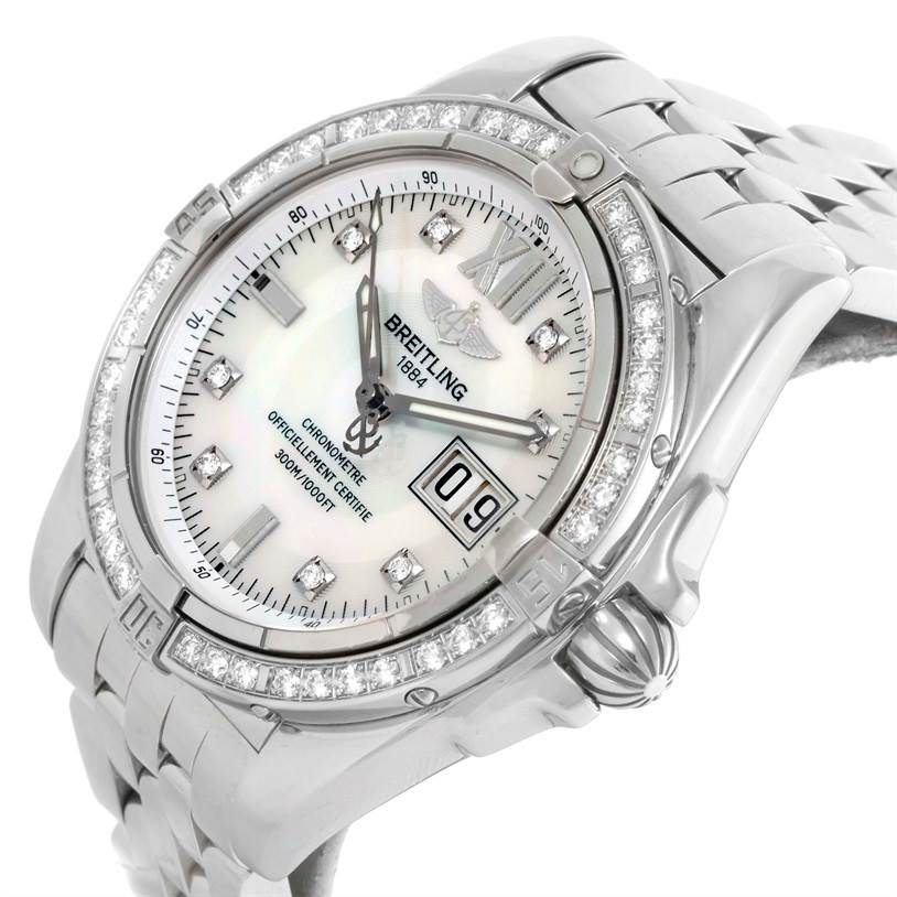 The image shows a close-up side view of the Breitling Windrider A49350 Men's Stainless Steel Mother of Pearl Dial A49350 Men's Stainless Steel Mother of Pearl Dial watch, highlighting the face, bezel, and bracelet.