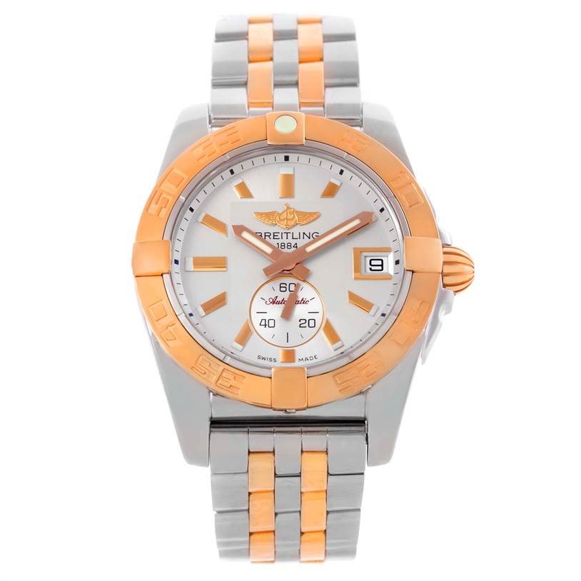 The image shows a front view of the Breitling Windrider C37330 Steel and Gold (two tone) White Dial C37330 Steel and Gold (two tone) White Dial watch, highlighting its dial, bezel, and two-tone metal strap.