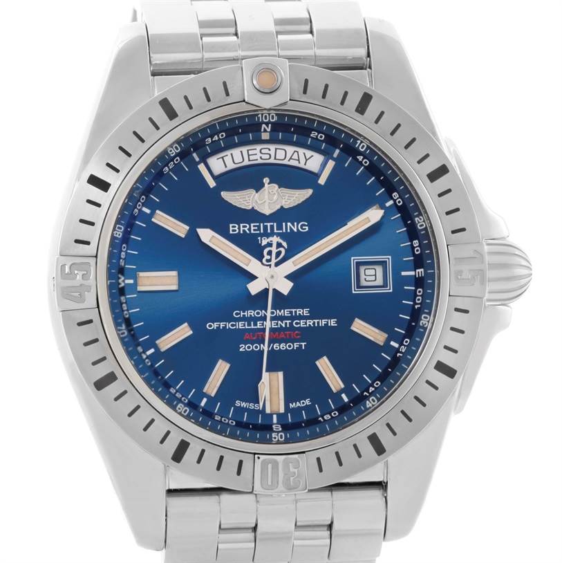 The image shows a front-facing view of a Breitling Galactic A45320 Men's Stainless Steel Blue Dial A45320 Men's Stainless Steel Blue Dial watch, highlighting the dial, bezel, and bracelet.