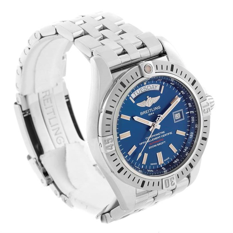 Breitling Galactic 44 Day-Date Steel Blue Dial Watch A45320 Unworn SwissWatchExpo