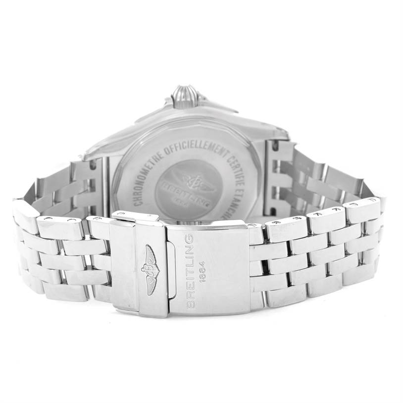 The image shows the back view of a Breitling Galactic A45320 Men's Stainless Steel Blue Dial A45320 Men's Stainless Steel Blue Dial watch, highlighting its clasp and stainless steel bracelet.