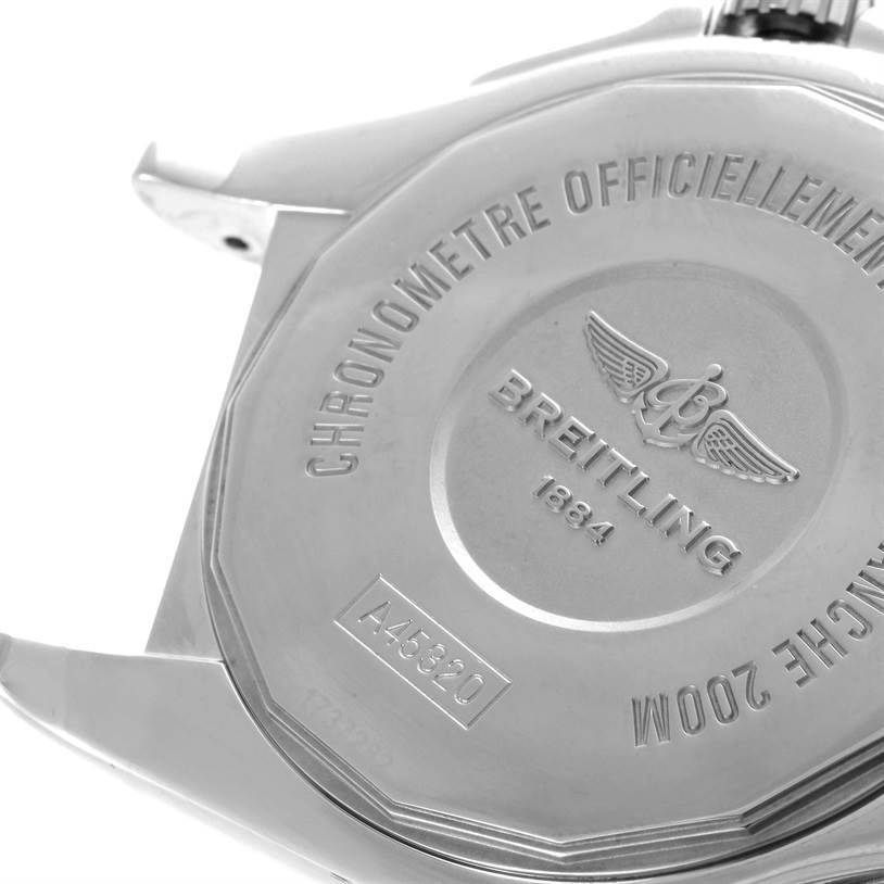 The image shows the back case of a Breitling Galactic A45320 Men's Stainless Steel Blue Dial A45320 Men's Stainless Steel Blue Dial watch featuring engraved details.