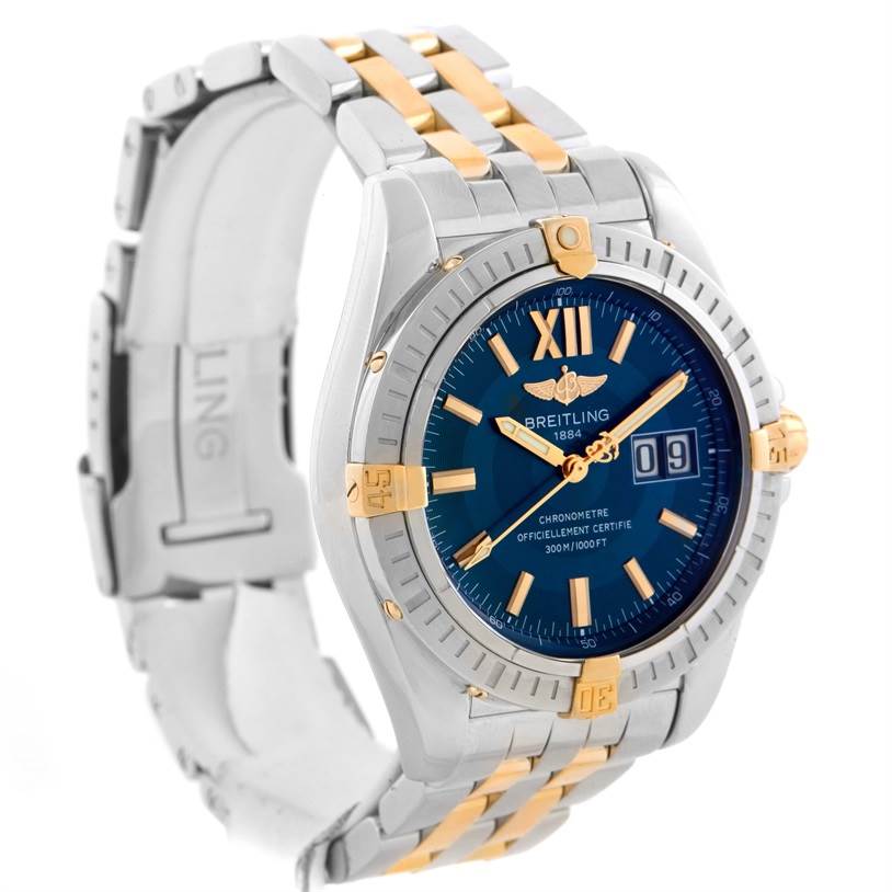 The image shows a Breitling Windrider B49350 Men's Stainless Steel Blue Dial B49350 Men's Stainless Steel Blue Dial watch at a three-quarter angle, highlighting its blue dial, gold accents, and metal bracelet.