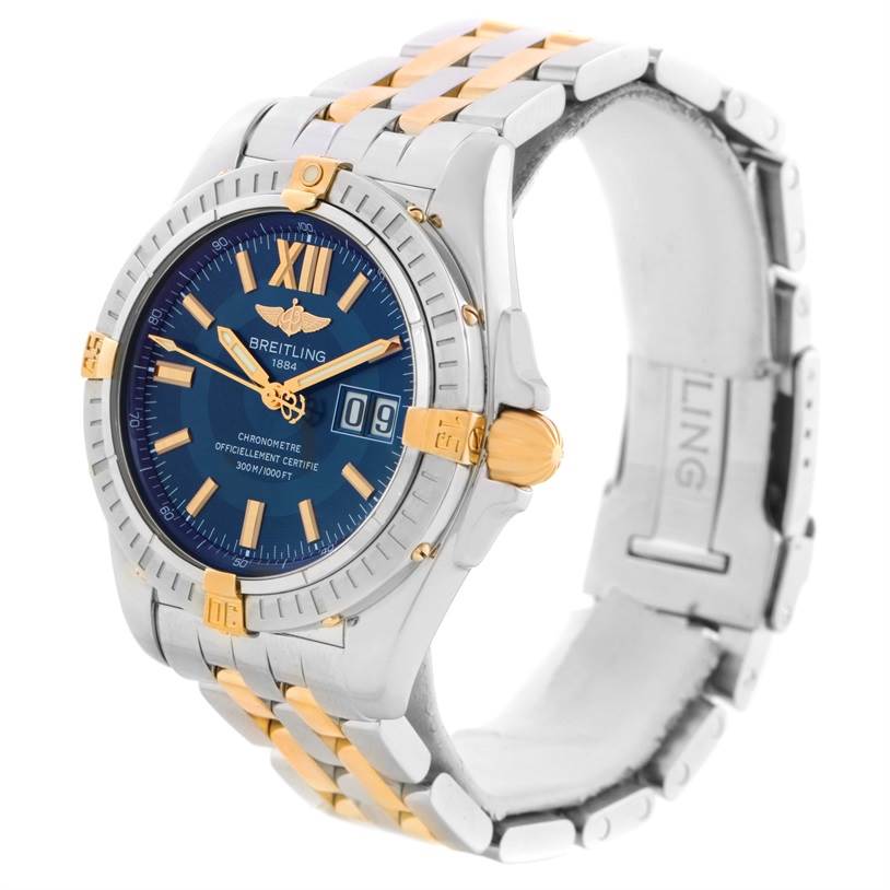 The Breitling Windrider B49350 Men's Stainless Steel Blue Dial B49350 Men's Stainless Steel Blue Dial watch is shown at a slight angle, highlighting the bezel, face, crown, and dual-tone metal bracelet.