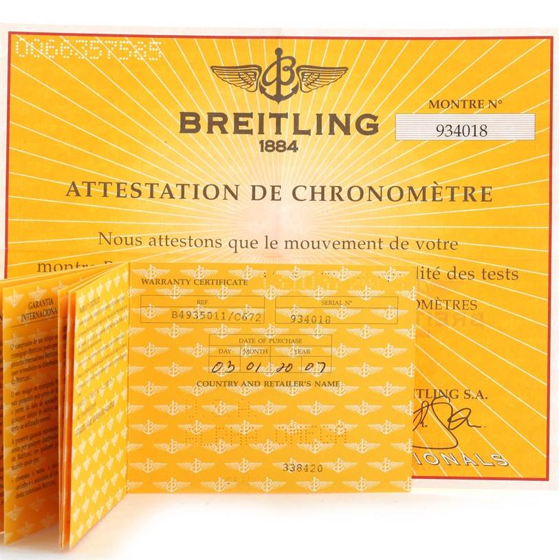 This image shows the warranty certificate and chronometer attestation for a Breitling Windrider B49350 Men's Stainless Steel Blue Dial B49350 Men's Stainless Steel Blue Dial watch.