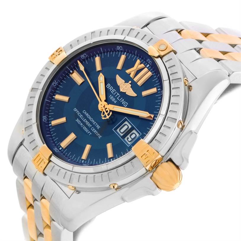 This close-up angle features the dial, bezel, crown, and part of the bracelet of the Breitling Windrider B49350 Men's Stainless Steel Blue Dial B49350 Men's Stainless Steel Blue Dial watch.