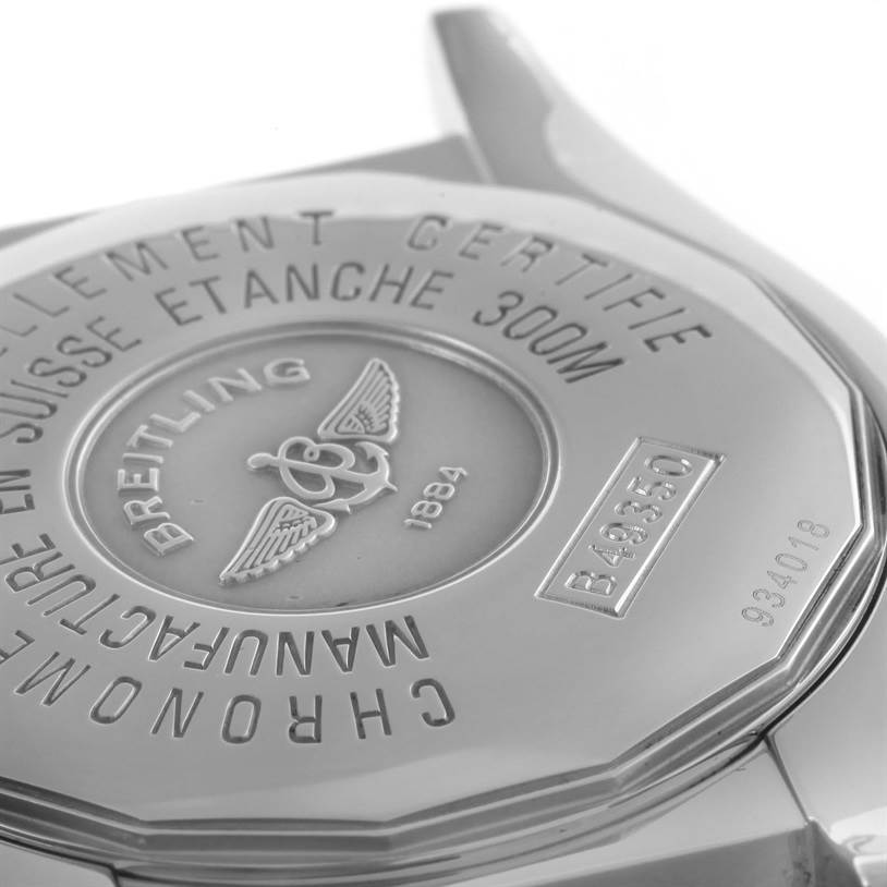 The image shows the back case of a Breitling Windrider B49350 Men's Stainless Steel Blue Dial B49350 Men's Stainless Steel Blue Dial watch, highlighting its engravings and details.