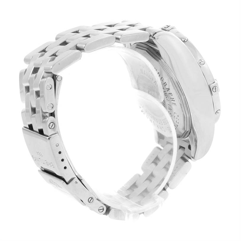 The image shows a side angle of the Breitling Windrider A13357 Stainless Steel Mother of Pearl Dial A13357 Stainless Steel Mother of Pearl Dial watch, focusing on the metal bracelet and the back of the watch case.