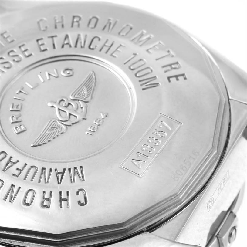 This image shows the back case of a Breitling Windrider A13357 Stainless Steel Mother of Pearl Dial A13357 Stainless Steel Mother of Pearl Dial watch, showcasing the engraved model and brand details.