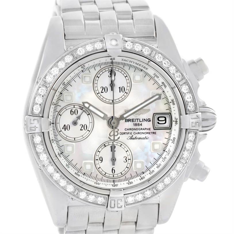 The image shows a frontal view of the Breitling Windrider A13357 Stainless Steel Mother of Pearl Dial A13357 Stainless Steel Mother of Pearl Dial watch, displaying its face, bezel, and part of the stainless steel bracelet.