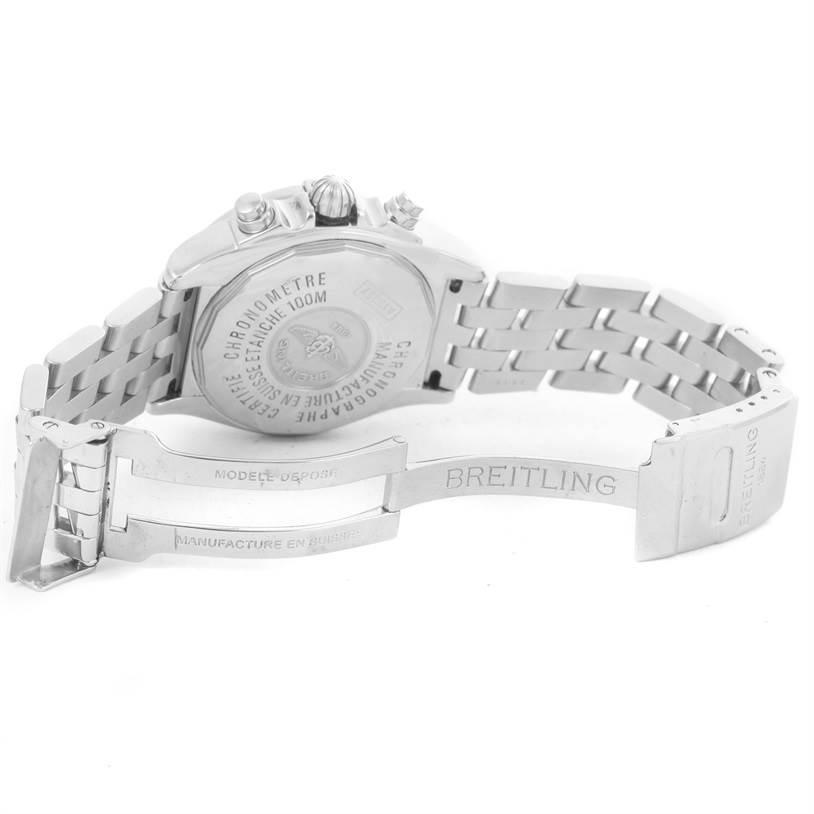 The image shows the back case, clasp, and part of the bracelet of a Breitling Windrider A13357 Stainless Steel Mother of Pearl Dial A13357 Stainless Steel Mother of Pearl Dial watch.