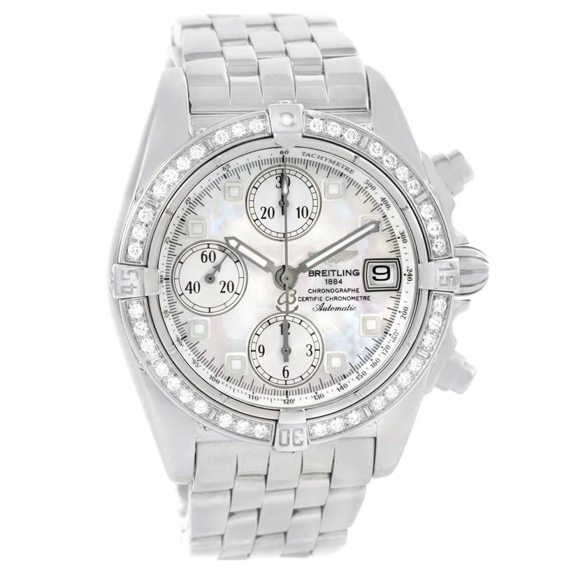 This Breitling Windrider A13357 Stainless Steel Mother of Pearl Dial A13357 Stainless Steel Mother of Pearl Dial watch is shown at a frontal angle, highlighting its face, bezel, and bracelet.