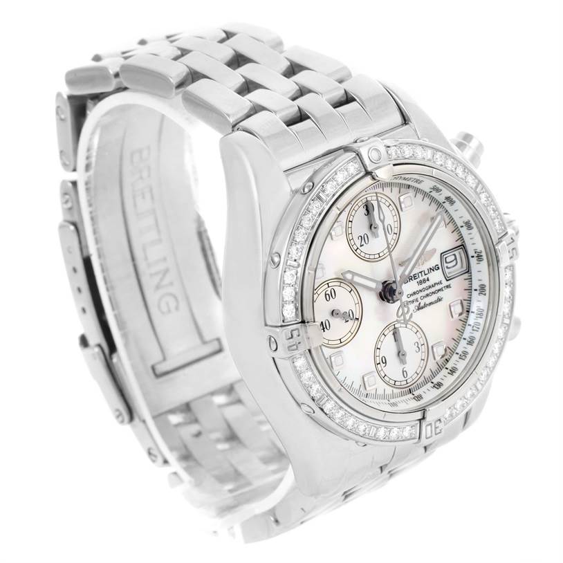 The image shows a Breitling Windrider A13357 Stainless Steel Mother of Pearl Dial A13357 Stainless Steel Mother of Pearl Dial model watch at an angle highlighting the face, bezel, and stainless steel bracelet.