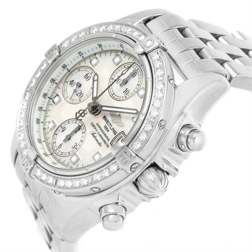 The image shows a close-up angle of a Breitling Windrider A13357 Stainless Steel Mother of Pearl Dial A13357 Stainless Steel Mother of Pearl Dial watch, highlighting its face, bezel, crown, and bracelet.