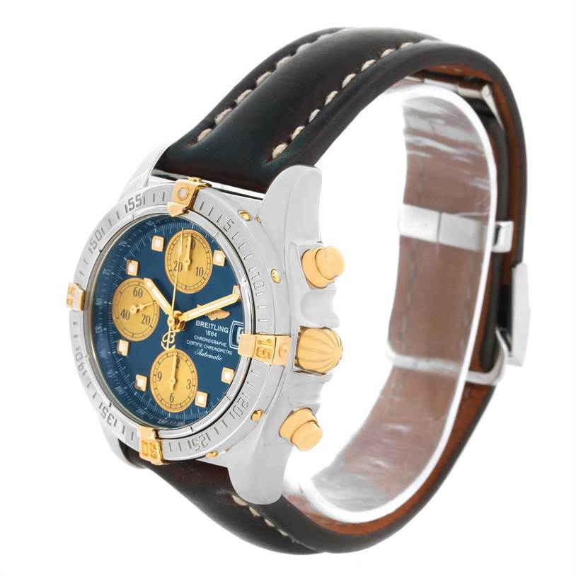 The Breitling Windrider B13358 Steel and Gold (two tone) Blue Dial B13358 Steel and Gold (two tone) Blue Dial watch is shown at a three-quarter angle, displaying its face, bezel, crown, pushers, and strap.