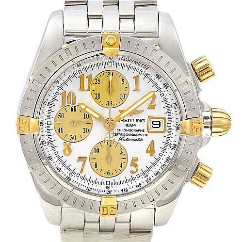 The image shows a frontal view of a Breitling Windrider B1335611-A574 Men's Yellow Gold Beige Dial B1335611-A574 Men's Yellow Gold Beige Dial watch, highlighting its dial, chronograph subdials, and metal bracelet.