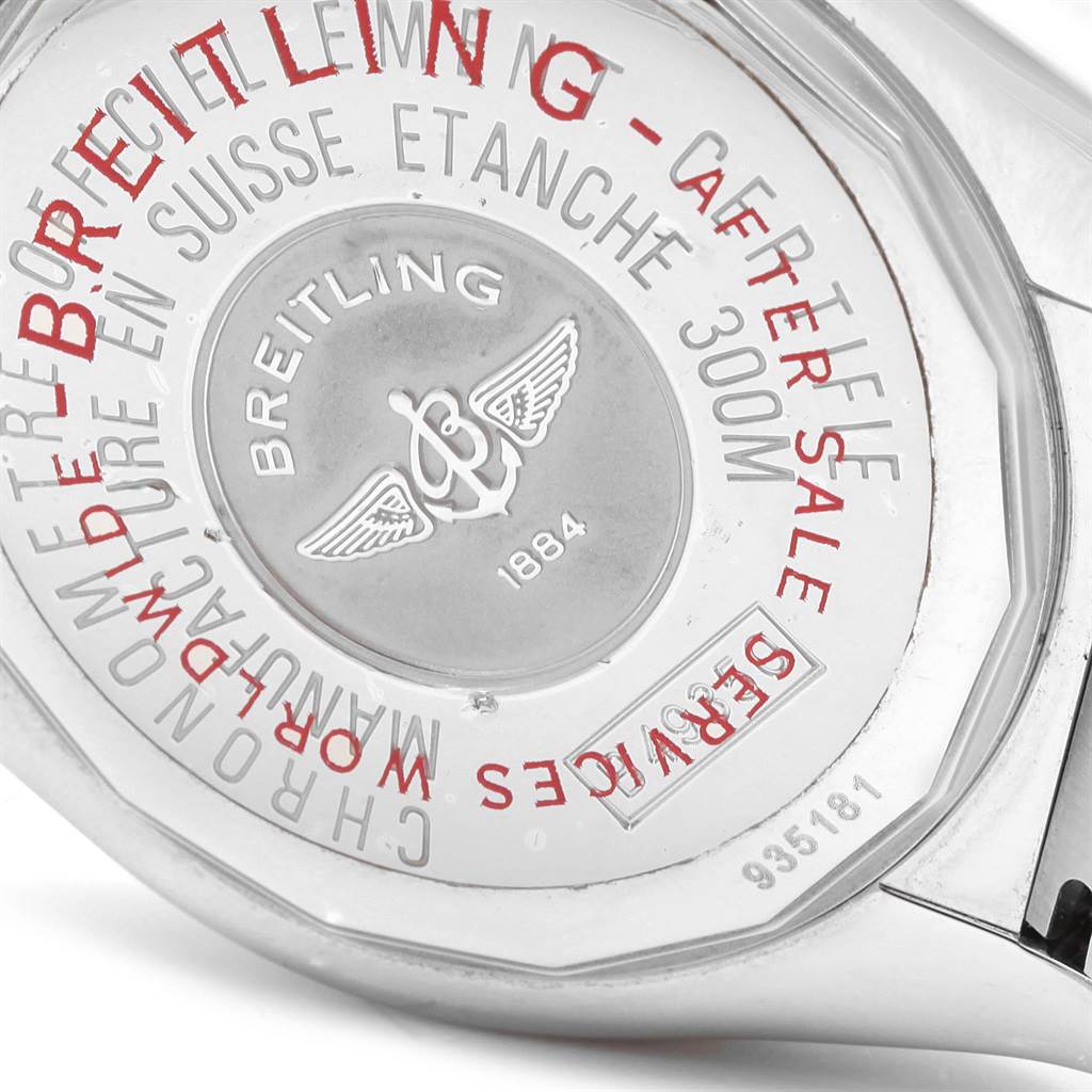 The image shows the back case of a Breitling Windrider B49350 Men's Stainless Steel Mother of Pearl Dial B49350 Men's Stainless Steel Mother of Pearl Dial watch, highlighting the brand engraving and other specifications.