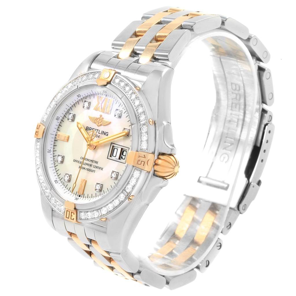 The image shows a Breitling Windrider B49350 Men's Stainless Steel Mother of Pearl Dial B49350 Men's Stainless Steel Mother of Pearl Dial watch at a 3/4 angle view, highlighting its face, bezel, crown, and two-tone bracelet.
