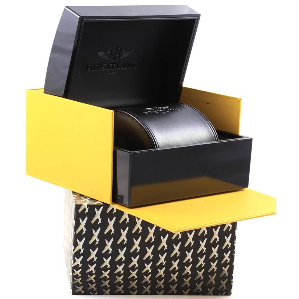 The image shows the packaging for a Breitling Windrider B49350 Men's Stainless Steel Mother of Pearl Dial B49350 Men's Stainless Steel Mother of Pearl Dial watch, including the outer box and an open presentation case.