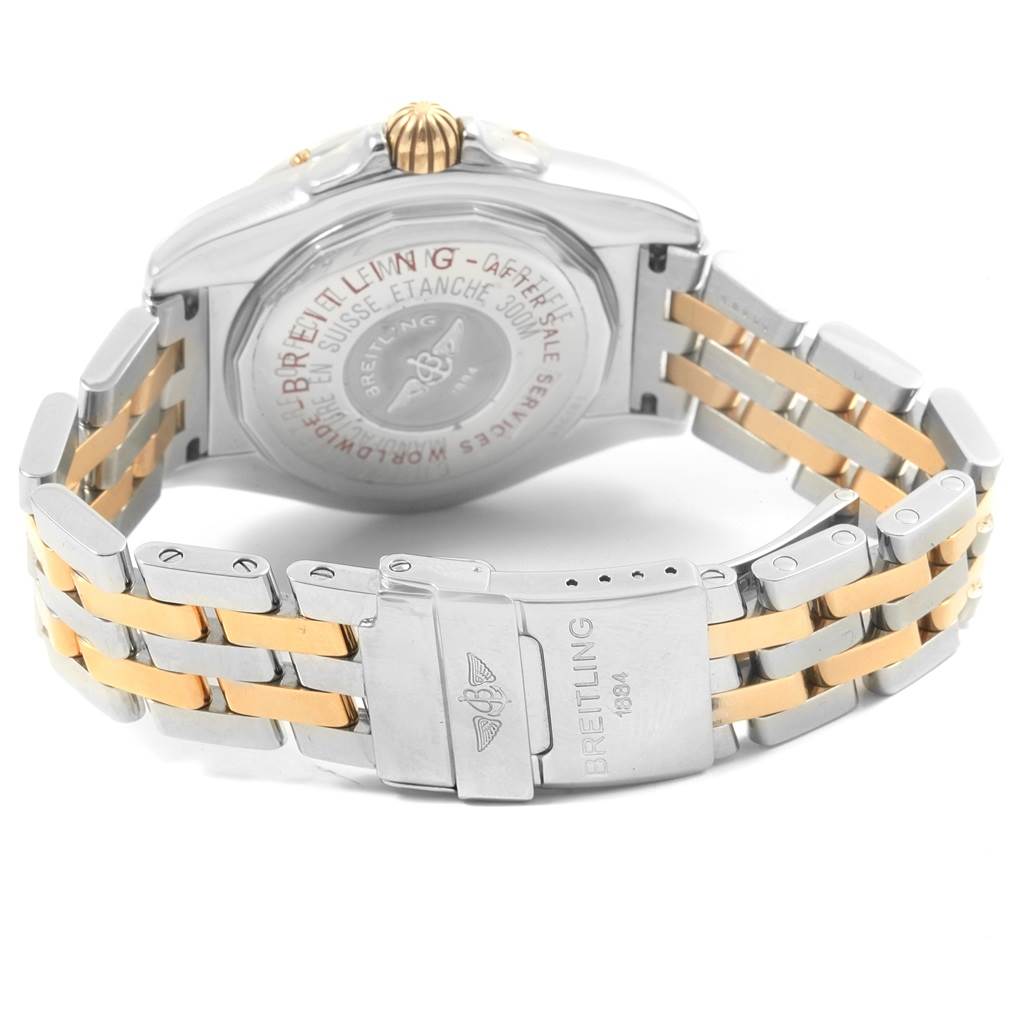 The image shows the back case and bracelet of a Breitling Windrider B49350 Men's Stainless Steel Mother of Pearl Dial B49350 Men's Stainless Steel Mother of Pearl Dial model watch.