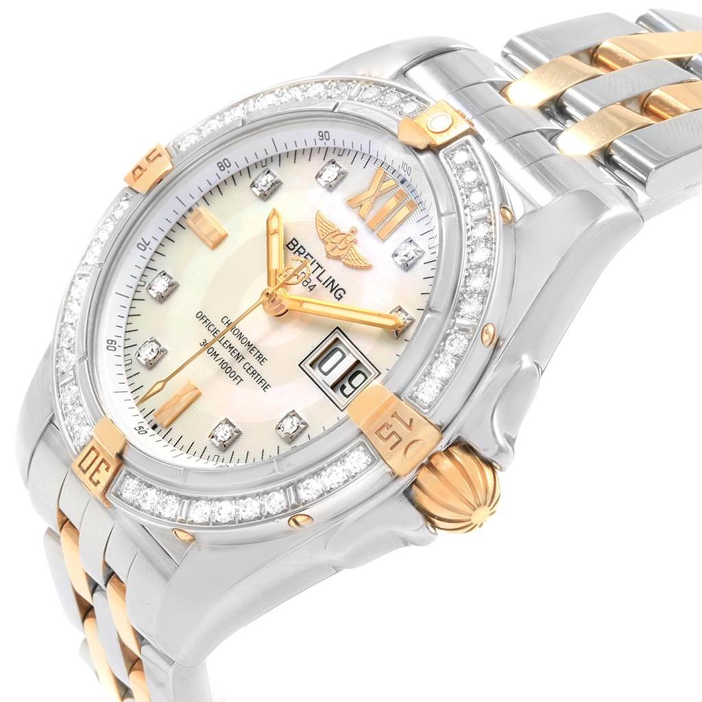 The image shows a Breitling Windrider B49350 Men's Stainless Steel Mother of Pearl Dial B49350 Men's Stainless Steel Mother of Pearl Dial watch from an angled top view, highlighting its face, bezel, and partial bracelet.