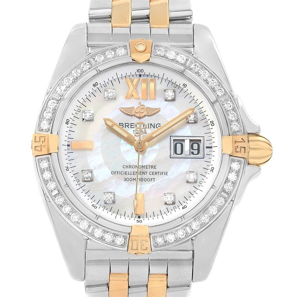The image shows a Breitling Windrider B49350 Men's Stainless Steel Mother of Pearl Dial B49350 Men's Stainless Steel Mother of Pearl Dial model watch from the front, displaying its face, bezel, and part of the metal bracelet.