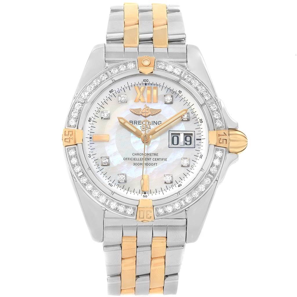 This image shows a front view of a Breitling Windrider B49350 Men's Stainless Steel Mother of Pearl Dial B49350 Men's Stainless Steel Mother of Pearl Dial watch with a two-tone bracelet and a jeweled bezel.