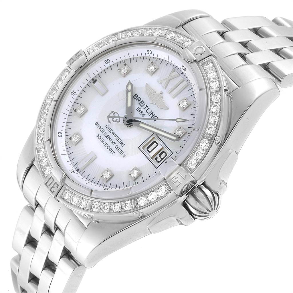 The image shows a Breitling Windrider A49350LA/A702-366A Men's Stainless Steel Mother of Pearl Dial A49350LA/A702-366A Men's Stainless Steel Mother of Pearl Dial watch at a slight angle, highlighting its diamond-studded bezel, face, and metal bracelet.