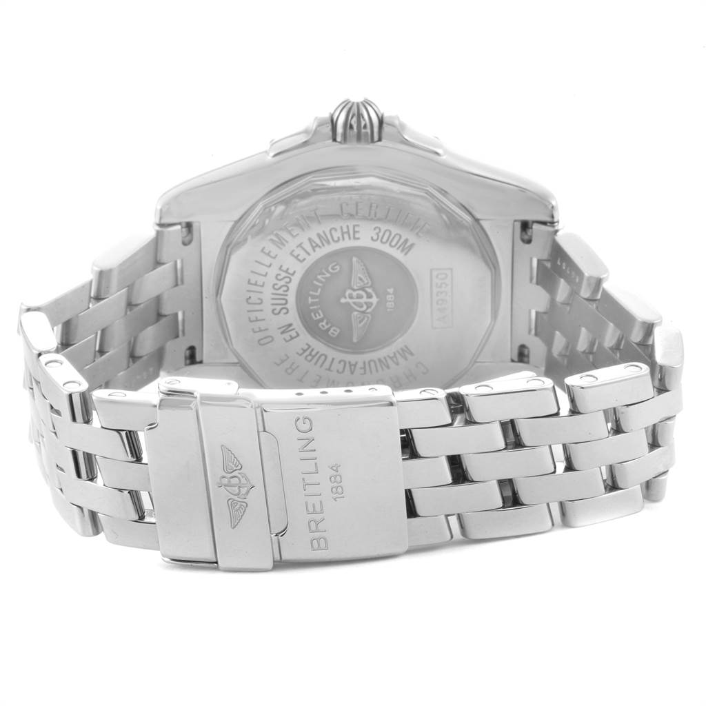 This image shows the back view of the Breitling Windrider A49350LA/A702-366A Men's Stainless Steel Mother of Pearl Dial A49350LA/A702-366A Men's Stainless Steel Mother of Pearl Dial watch, highlighting the clasp and case back.