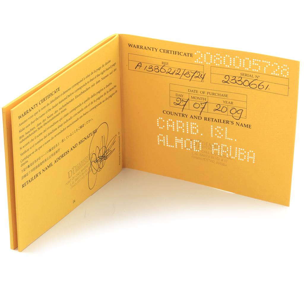 The image shows an open warranty certificate for the Breitling Windrider A49350LA/A702-366A Men's Stainless Steel Mother of Pearl Dial A49350LA/A702-366A Men's Stainless Steel Mother of Pearl Dial model watch.