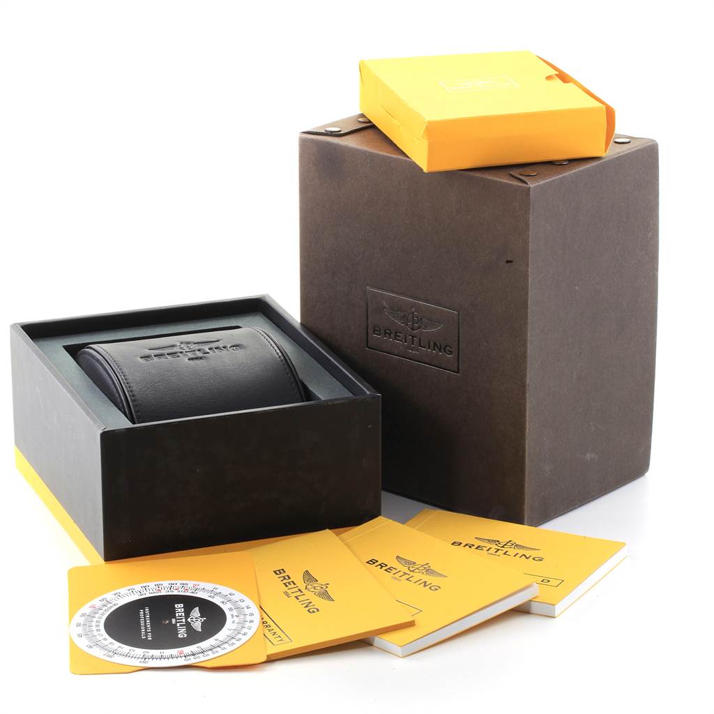 The image shows a Breitling Windrider A49350LA/A702-366A Men's Stainless Steel Mother of Pearl Dial A49350LA/A702-366A Men's Stainless Steel Mother of Pearl Dial watch box set including the case, manual, and warranty with top and front angles visible.