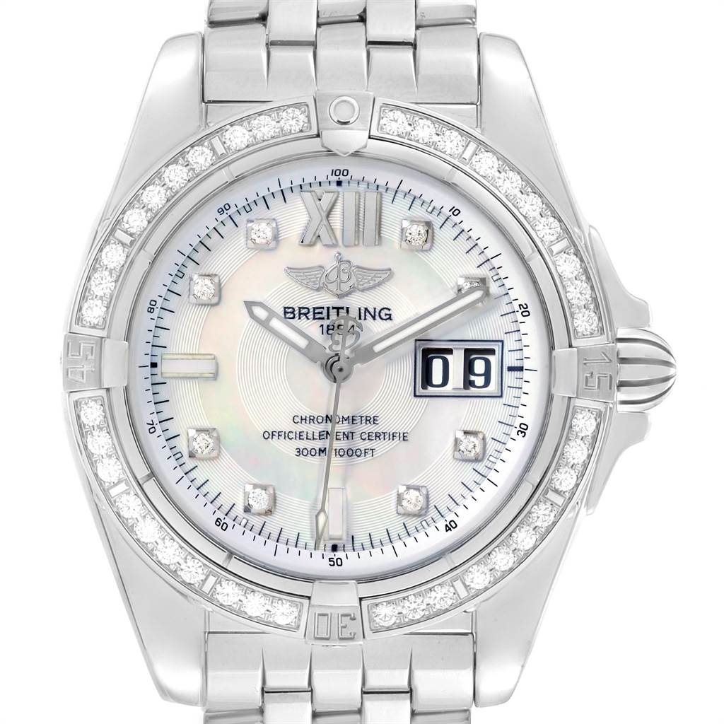 This image shows a front view of a Breitling Windrider A49350LA/A702-366A Men's Stainless Steel Mother of Pearl Dial A49350LA/A702-366A Men's Stainless Steel Mother of Pearl Dial watch, displaying its dial, bezel with diamonds, and part of the bracelet.
