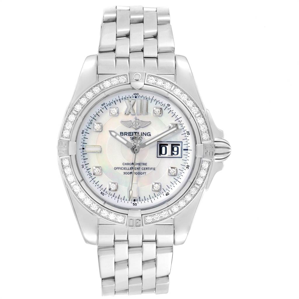 This image shows a front angle of the Breitling Windrider A49350LA/A702-366A Men's Stainless Steel Mother of Pearl Dial A49350LA/A702-366A Men's Stainless Steel Mother of Pearl Dial watch, showcasing its dial, bezel, and bracelet.