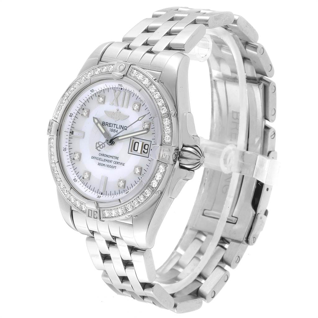 The image shows a Breitling Windrider A49350LA/A702-366A Men's Stainless Steel Mother of Pearl Dial A49350LA/A702-366A Men's Stainless Steel Mother of Pearl Dial watch from a front angle, highlighting its face, bezel, and bracelet.