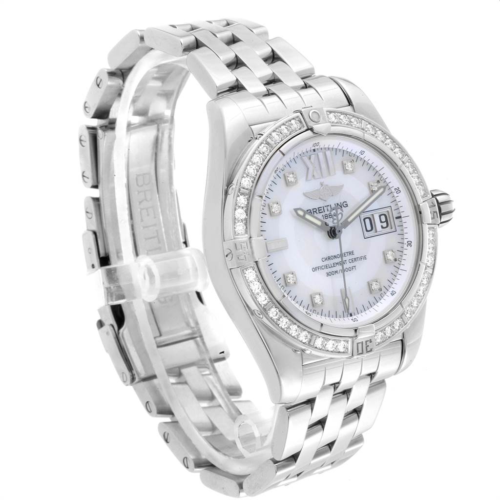 This image shows a side-angle view of the Breitling Windrider A49350LA/A702-366A Men's Stainless Steel Mother of Pearl Dial A49350LA/A702-366A Men's Stainless Steel Mother of Pearl Dial watch, highlighting its face, bezel, and metallic bracelet.